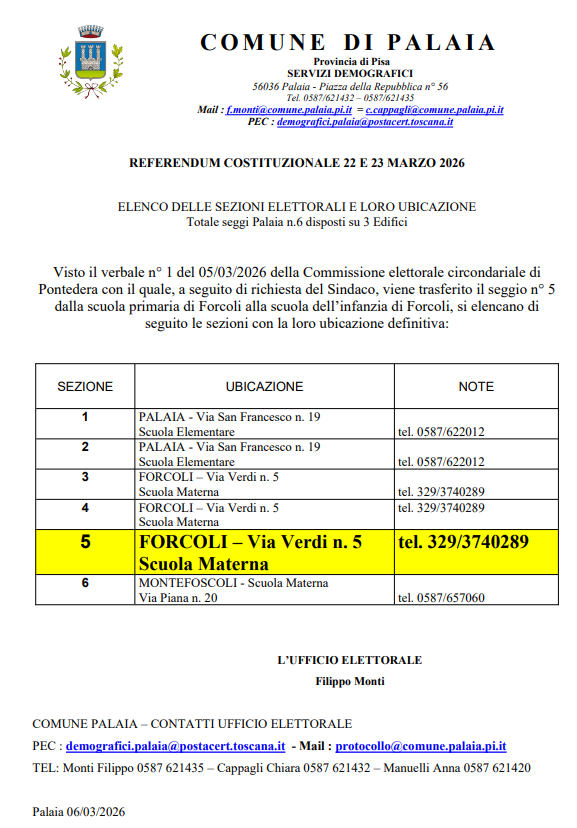 Elenco delle sezioni elettorali e loro ubicazione